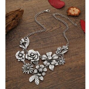 Antique Silver Tone Flowers Statement Necklace